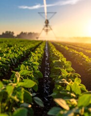 Irrigation of a field at sunrise