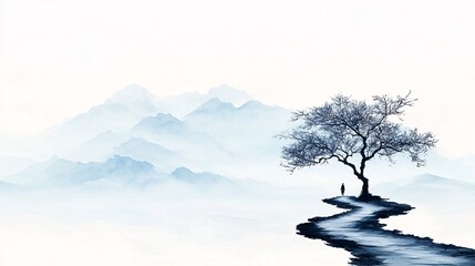 Lonely trees and pedestrians in the mist