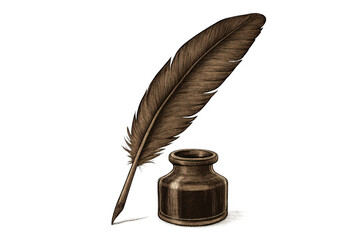 Vintage quill pen with inkwell on transparent background