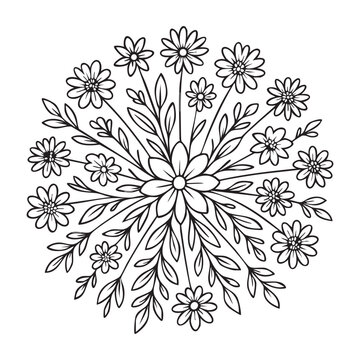 Vector art of charming black and white floral mandala design with small daisylike flowers and leaves, , ideal for crafts and decor