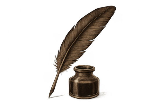 Vintage quill pen with inkwell on transparent background - Powered by Adobe
