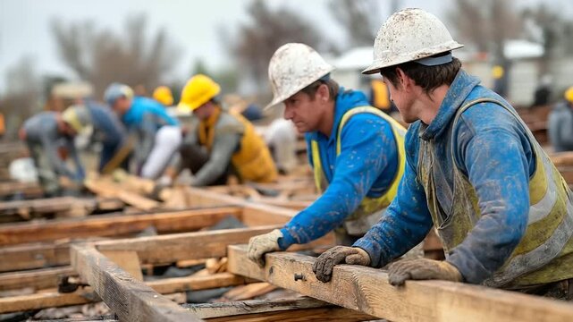 Community Support After Disaster. Volunteers working together to rebuild a community area after a storm, showing collective strength and solidarity.