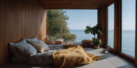 Cozy wooden bedroom with ocean view and large windows