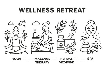 Wellness retreat activities yoga massage herbal medicine spa and relaxation line art