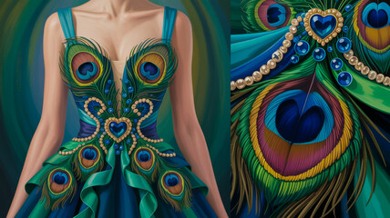 Peacock Feather Inspired Dress with Gemstone Embellishments