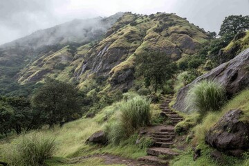 A landscape view of a mountain trail, showcasing stone steps winding through a lush green hillside covered in grass and trees.