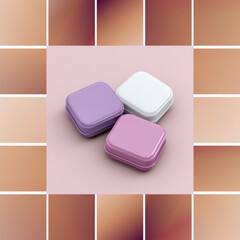 3D rendered square cosmetic compacts, pastel purple pink and white, beauty product packaging
A grid of square gradient swatches in a modern abstract style. Color palette or background texture.