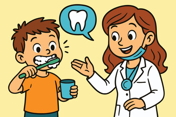 Dentist teaching young boy proper tooth brushing technique for healthy teeth