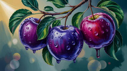 Three Ripe Apples Covered In Water Droplets On A Branch