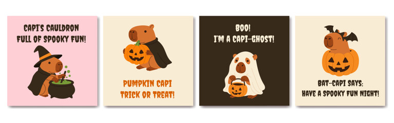A set of four Halloween cards featuring cute capi. The cards are decorated with pumpkins and witches, and capybaras are dressed up in costumes. The cards are designed to be fun and playful