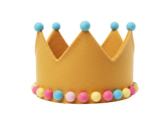Yellow felt crown with colorful pom poms isolated, birthday party decoration for kids PNG