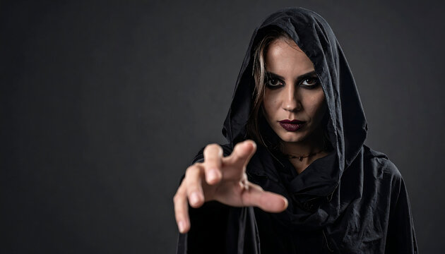 "Gothic figure in black hooded cloak with dramatic makeup and scythe, reaching forward in dark setting—symbolizing mystery, death, and theatrical horror."