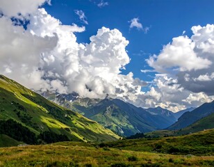 Naklejka premium Mountain valley landscape under a dramatic sky