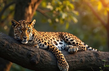 Obraz premium Leopard rests calmly on tree branch, observing wild natural habitat. Big cat lies with spotted coat, looking forward. Wild animal relaxes outdoors during sunny day. Hunter watches territory,