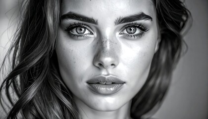 A captivating portrait of a young woman with striking features, soft lighting, and a monochrome palette. Her gaze is direct