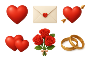 High-resolution love clipart set with heart, love letter, heart with arrow, double hearts, red roses, and golden rings, isolated on transparent background.