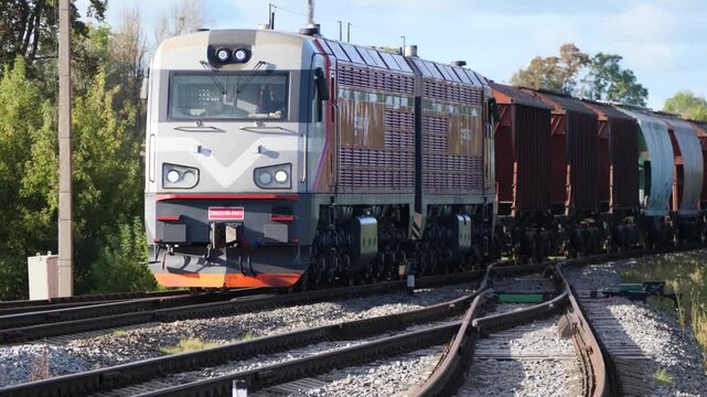 A freight train on a railway - A long cargo train on tracks