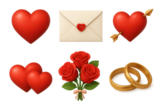 High-resolution love clipart set with heart, love letter, heart with arrow, double hearts, red roses, and golden rings, isolated on transparent background.
