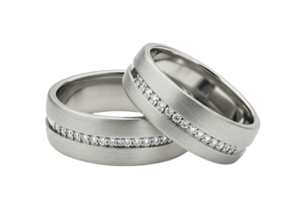 Pair of silver wedding rings with diamonds isolated on white, jewelry for marriage ceremony