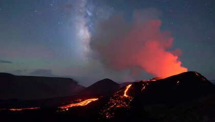 Erupting volcano with glowing lava flow under a starry Milky Way night sky backdrop