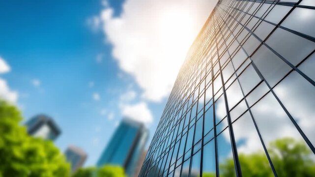 Architectural Ascent: A stunning view of a modern skyscraper reaching for the sky, reflecting the blue expanse and fluffy clouds, complemented by lush greenery below.