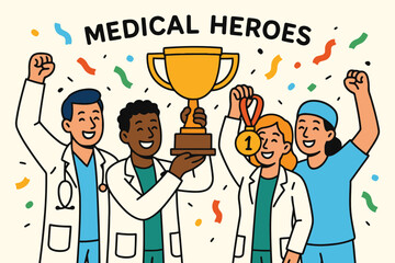 Diverse medical heroes celebrate victory holding golden trophy and medals