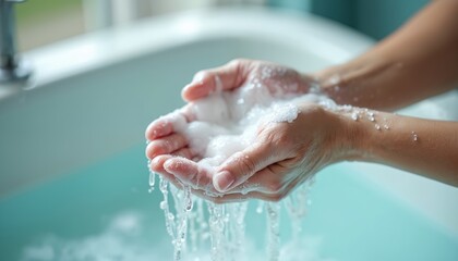 Fototapeta premium Hands lathered with soap bubbles under running water. Gentle foam and droplets cascade into a serene, blue bathtub. Cleanliness and self care routine.