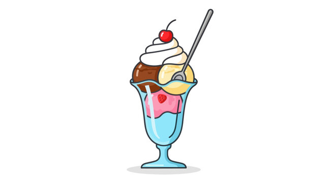 A colorful cartoon ice cream sundae in a tall glass with whipped cream chocolate sauce and a cherry on top.
