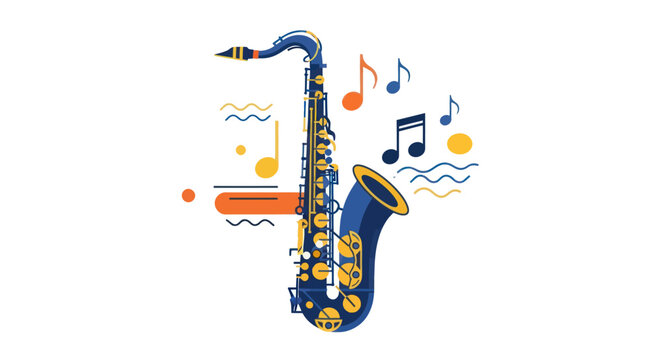 Vibrant Blue Saxophone Illustration with Musical Notes.