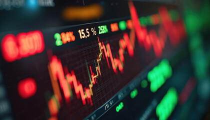 Stock market data chart with red and green candlesticks shows price fluctuations. Financial analytics screen displays percentages and trading graphs. Economic performance trends visualized on monitor.