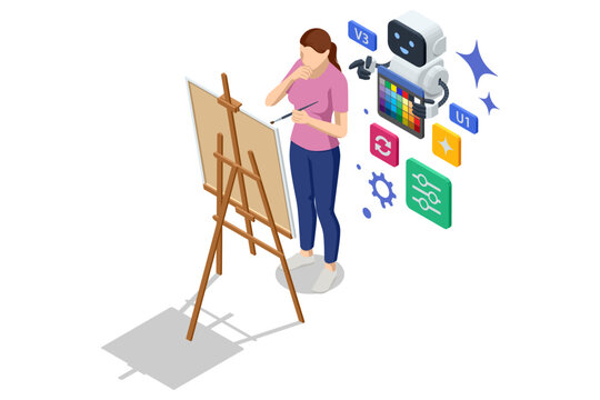 AI art assistant. Isometric AI robot helping woman with painting on easel, supporting creativity and digital art process with artificial intelligence. Machine learning technology, neural networks