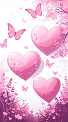 Romantic hearts, butterflies, and flowers