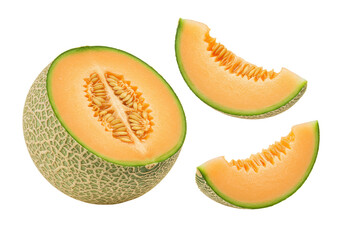 Whole, halved, sliced cantaloupe melon, vibrant orange flesh and seeds, suspended against transparent background with soft shadows, ample copy space, concept of fresh, healthy fruit