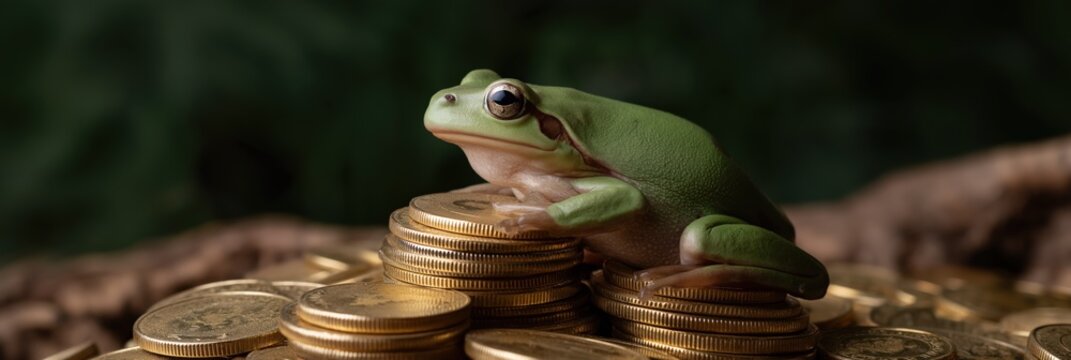 Green tree frog resting on stack of gold coins with dark background - Powered by Adobe