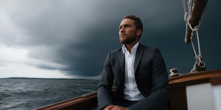 Caucasian young male in suit on boat against stormy ocean sky