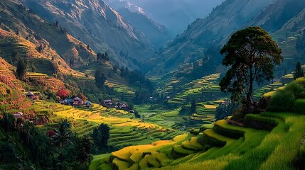 Scenic rice terraces surrounded by green hills high resolution picture