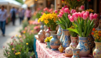 Vibrant flower market stall colorful pink tulips, yellow blooms in decorative patterned ceramic vases. People walk by, shopping for fresh flowers, unique handmade goods on sunny spring day. Noisy