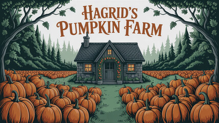 Hagrids Pumpkin Farm with Stone Cottage and Forest