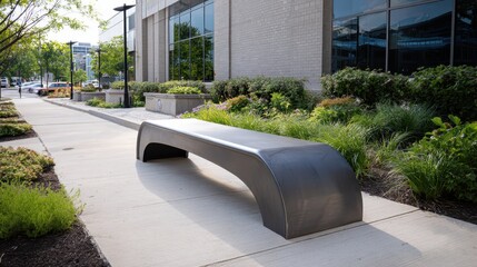 Modern urban street bench standing on a paved sidewalk amidst green landscaping and a building, offering an inviting seating area in a contemporary downtown public space