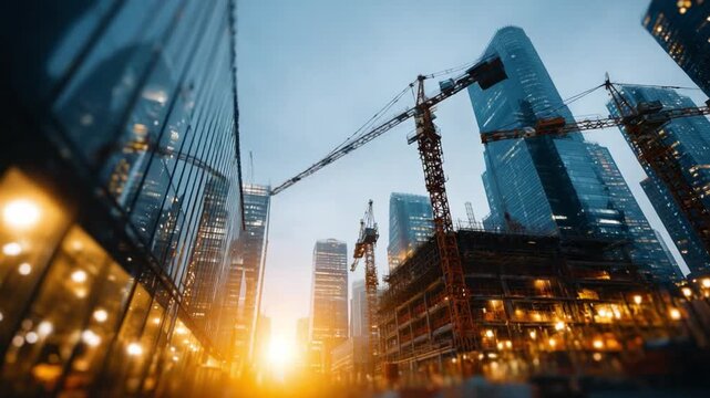 Cityscape Symphony: Towering skyscrapers and construction cranes create a dynamic urban vista against a dramatic dusk sky. Capturing the heart of the modern metropolis, evoking a sense of ambition.