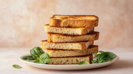 Stack of slices of toast on a white plate with green leaves.