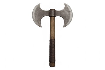 Double-bitted battle axe with wooden handle
