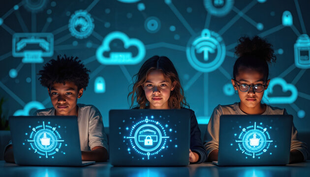 Three young diverse kids coding on laptops, screens display digital network icons and locks. Children learn tech skills for future online collaboration and innovation. Digital abstract background.
