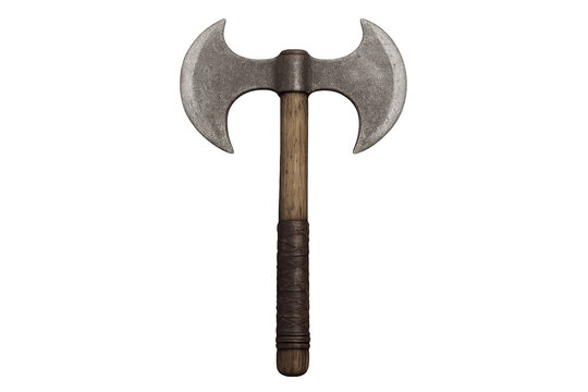 Double-bitted battle axe with wooden handle