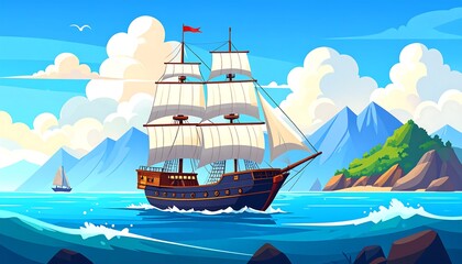 Cartoon ship sails in open waters with mountains and tropical island in background
