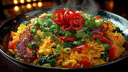 Spicy Indian fried rice with chili garnish high resolution picture