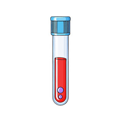 Cartoon illustration of a medical test tube containing a blood sample with a blue cap, used for laboratory analysis.
