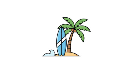 Tropical palm tree with blue surfboard and wave illustration. © solikhin