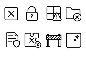 Security Symbols Collection. Symbols icons in outline style: block with cross mark, block with lock, grid with warning, folder with stop sign,