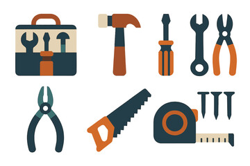 Fototapeta premium Tool Icons. Workshop tools set of icons in abstract flat : tool set, hammer, wrench, screwdriver, pliers, saw, tape measure, nails.